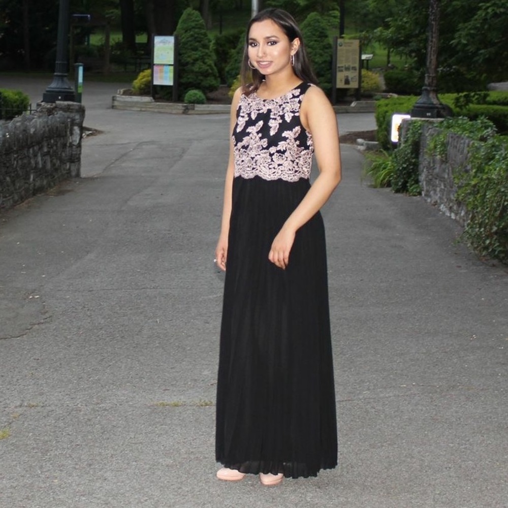 Pink Floral Black Formal Dress
